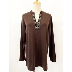 Lands' End Brown Tunic Beaded Split Neck Medium Solid Boho Coastal